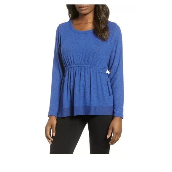 Caslon Cozy Waist Tie Peplum Top Sz Medium Blue Mazarine Long-Sleeve New - Picture 7 of 7